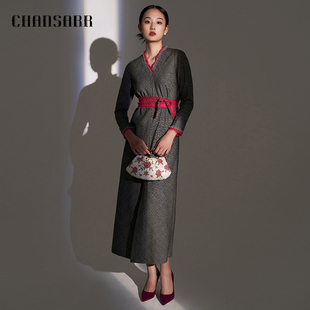 香莎chansarr优雅气质灰色格纹羊毛，开叉连衣裙蕾丝，拼接v领长裙