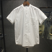 白色棉麻短袖衬衫男夏季薄款立领上衣高级感简约百搭休闲衬衣