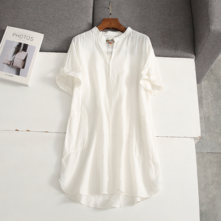 日单轻薄透气水洗全棉，宽松v领短袖白色衬衫，中长款衬衣上衣女