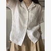 韩系白色亚麻衬衫女薄款2023年夏季文艺范极简风小西装领短袖衬衣