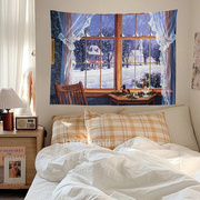 欧式圣诞氛围感油画窗户床头背景布 diy装饰挂毯布艺挂画墙上挂布