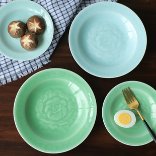陶瓷家用餐具创意盛菜盘子龙泉青瓷缠枝牡丹深盘8英寸汤盘骨瓷盘