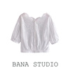 bana外贸镂空花边收腰短款白色，中袖衬衫2022夏甜美(夏甜美)韩系上衣小个子