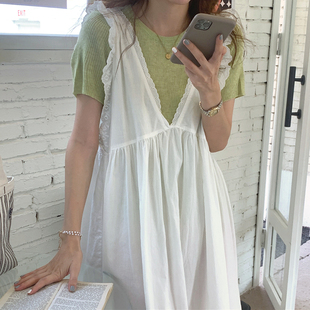 韩国chic夏季小清新圆领修身针织衫，+蕾丝花边前后无袖连衣裙长裙