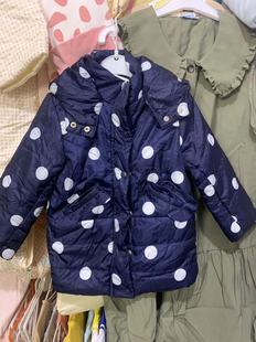 纽巴迪品牌尾货冬季儿童女童时尚外套 中长款洋气连帽波点棉服
