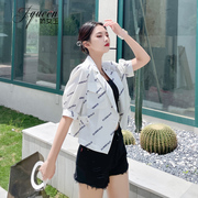 短袖小西装外套女短款小个子夏季复古韩版气质字母印花雪纺西服薄