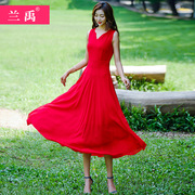 大红色淑女雪纺连衣裙2024夏显瘦气质大摆巴厘岛海边度假沙滩长裙