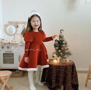 现韩国童装女童小朋友，冬款天鹅绒太空棉圣诞节新年连衣裙