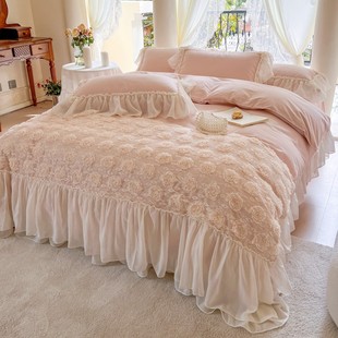 法式玫瑰蕾丝边全棉水洗棉，四件套纯棉床单，公主风被套高端床上用品