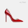 hltino铆钉高跟鞋，女红色婚鞋2024年女夏细跟侧空尖头百搭单鞋