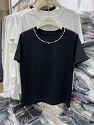 韩国东大门2024夏季纯色重工珍珠，钉珠领宽松显瘦短袖t恤上衣