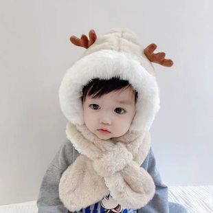 儿童帽子秋冬季加绒加厚护耳，一体帽男女宝宝，可爱小鹿角保暖套头帽