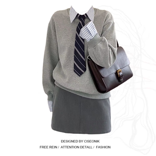 大码胖mm非正式学院风拼接衬衫，假两件长袖，卫衣+灰色a字半裙套装