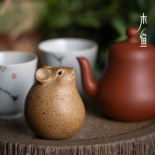 木鱼 摇钱鼠生肖茶宠 老鼠手工雕塑陶瓷茶盘摆件粗陶茶玩茶具可养