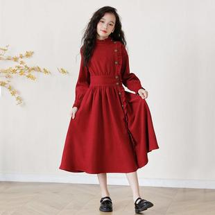 女童连衣裙秋冬装过年法式民族，风红色礼服长裙中大童新年加绒裙子