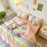 简约条纹彩虹时尚小清新粉色，床单四件套双人被套床上用品三件套女