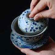景德镇传统手绘青花盖碗 粗陶复古彩绘三才碗 纯手工制作禅道茶具