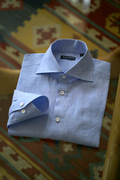 夏季意式男士八字领亚麻，蓝色长袖修身衬衫，衬衣高定工艺错位上袖