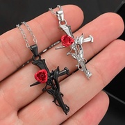 哥特式红玫瑰十字架项链女欧美复古合金做旧荆棘玫瑰吊坠锁骨链