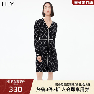 LILY2023女装趣味樱桃提花时尚优雅高腰针织连衣裙小个子女