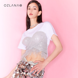 OZLANA短袖T恤女夏抹胸拼接假两件时尚高级短款修身上衣2023