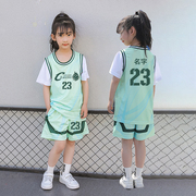 儿童假两件篮球服套装女孩绿色，球衣定制男童，小学生比赛服班服定制