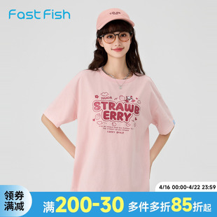 快鱼熊猫印花圆领短袖T恤女2024年夏季可爱百搭宽松字母上衣