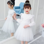 春秋冬长袖女童装蕾丝公主裙，儿童白色连衣裙加绒加厚礼服婚纱裙子