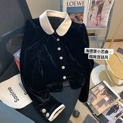 欧洲站金丝绒衬衫女春秋娃娃领高级感开衫洋气小个子法式黑色上衣