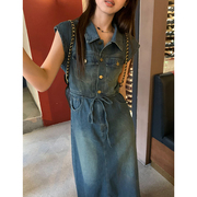韩国chic夏季法式复古翻领系带，收腰显瘦无袖背心牛仔连衣裙长裙女