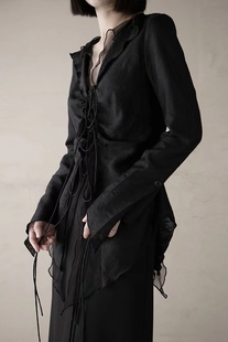 山本耀司暗黑系春秋浪漫褶皱，衬衫原创设计不规则系带长袖外套