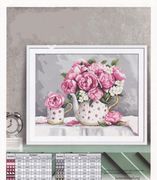 粉玫瑰花茶壶十字绣套件，植物花卉客厅，卧室挂画精准印花