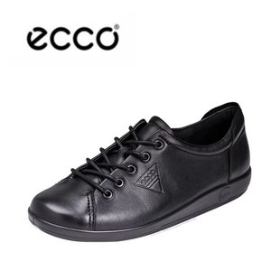 ECCO爱步女鞋小白鞋黑色平底鞋真皮系带低帮鞋板鞋 柔酷2号206503