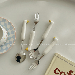 餐勺可爱小勺子叉子餐具套装便携家用卡通高颜值陶瓷ins风学生单