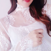 半高领白色透明蕾丝打底衫女春季内搭网纱很仙的上衣超仙夏喇叭袖
