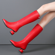 红色马丁靴女款粗跟真皮长靴子2023时尚秋冬女靴高筒马靴