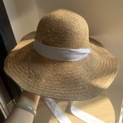 夏季度假ins白色系带草编，帽子女甜美大檐沙滩遮阳绑带太阳大帽檐