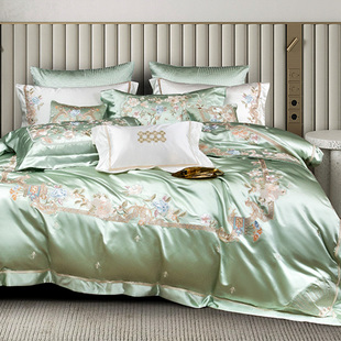 高档刺绣花真丝棉，床上用品四件套新中式绿色别墅，被套床单多件套