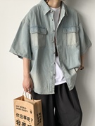 日系短袖牛仔衬衫男款夏季口袋工装高街复古cityboy潮流外套