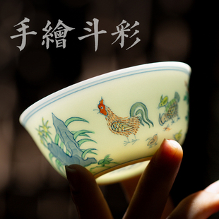 三勤堂手绘陶瓷品茗杯，景德镇功夫茶具主人，杯单杯明成化斗彩鸡缸杯