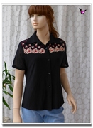 夏季黑色单排扣polo短袖女士衬衫，衬衣复古通勤中式绣花镶钻民族风