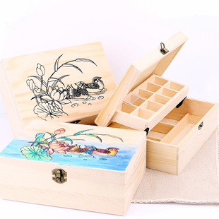 木质收纳盒 桌面储物盒家用双层实木化妆品韩式DIY手工绘画宝石盒