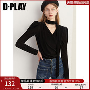 dplay2023新法式(新法式)复古经典黑系带丝绒，弹力小衫上衣内搭打底衫