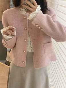 韩系短款圆领双面羊绒大衣女，秋冬小香风，显瘦单排扣羊毛呢外套