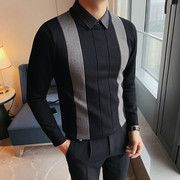 条纹拼接长袖针织衫男士商务修身假两件衬衫领毛衣韩版时尚毛线衣