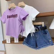 女童套装2024夏装女中大童简约字母短袖韩版儿童牛仔短裤两件套潮