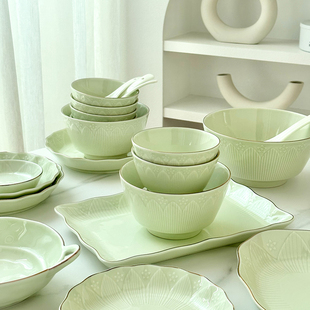 荷塘月色欧式金边碗碟餐具套装，陶瓷饭碗汤面，碗菜盘勺子家用组合