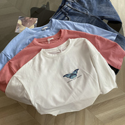 韩版蝴蝶图案印花短袖T恤蓝色圆领套头减龄上衣时尚休闲洋气B》24