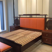 新中式实木床轻奢双人床真皮靠背软包主卧1.8米大床现代简约