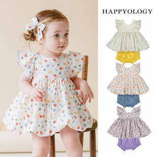 happyology英国女童可爱两件套装，英伦女宝宝小飞袖波点蝴蝶结套装